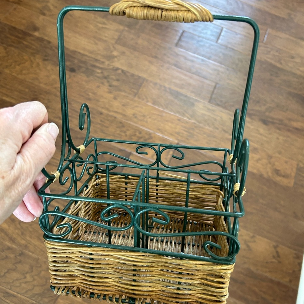 Wicker and Metal Basket with Handle for utensils and napkins.